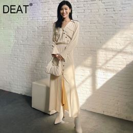 DEAT Women Green Asymmetrical Single Breasted Folds Dress New Turn-down Collar Long Sleeve Loose Fit Fashion Summer 7E0878 210428