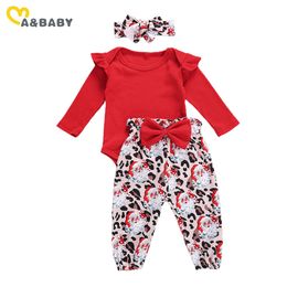 0-18M Christmas born Infant Baby Girls Clothes Set Red Knitted Romper Bow Santa Leopard Pants Outfits 210515