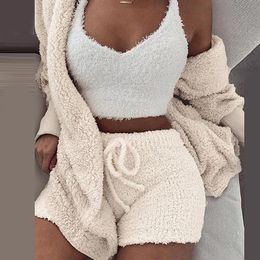 Three Piece Sexy Fluffy Sets Velvet Plush Hooded Cardigan Coat+Shorts+Crop Top Women Tracksuit Casual Sports Overalls Sweatshirt Y0625