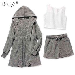 Winter Pyjamas Set Women Sleepwear Warm Flannel Long Sleeves Robe Vest Short Pants Pink Cute Homewear Velvet Home Suit 210809