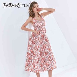 TWOTWINSTYLE Printed Floral Lace Up Bowknot Dress For Women V Neck Sleeveless High Waist Sashes Midi Dresses Female Fashion 210517