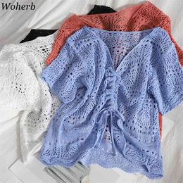 Women Casual Summer Hollow Out Knitted T-shirt Cover Up Beachwear Lady Fashion Drawstring V-neck All Match Blusas 210519