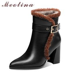 Meotina Genuine Leather High Heel Ankle Boots Women Shoes Pointed Toe Buckle Block Heels Wool Fur Short Boots Winter Black 33-40 210608