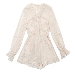 Beige Chiffon Ruffle V Neck Long Sleeve Sequined Playsuits Backless Hollow Out J0014 210514