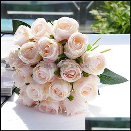 Decorative Flowers & Wreaths Festive Party Supplies Home Garden 18Pcs/Lot Rose Artificial Wedding Bouquet Silk Flower For Decoration Fake Ch