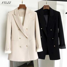 FTLZZ Spring Autumn Office Ladies Notched Collar Double Breasted Blazer Vintage Women Long Sleeve Solid 211006