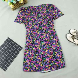 Women puffy sleeves Sexy V Neck Floral Print Boho Beach Dresses Summer Short Sleeve A Line Mini Dress Wrap Sundress Robe 210520