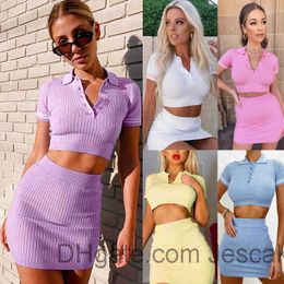 Women Summer Sexy 2 Two Piece Dress Sweater Outfits Set Exposed Navel Crop Top Mini Bodycon Skirts Fashion Streetwear Nightclub Clothing