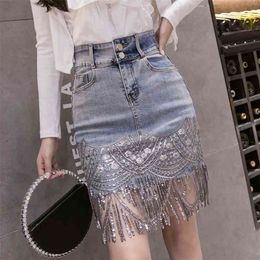 Summer Korean Sexy Women Denim Mini Skirts High Waist Blue Package Hip Jeans Fashion Beading Tassel SKirt B05601 210730