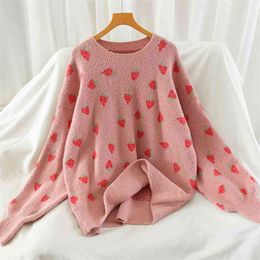 Sweet Strawberry Knitted Sweater Women Cute Korean Jumper Winter Warm Long Sleeve Loose Oversized Pullovers Pull Femme 210514