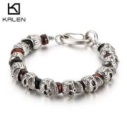 KALEN Punk Skull Charm Bracelet Men Stainless Steel 8mm Natural Stone Beads Beaded Brecelets Male Gothic Jewellery 210323