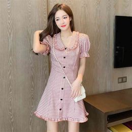 Plaid Pink Dress for women Summer Short Sleeve Acetate ladies Sexy Broadcloth Party Mini A line Dresses 210602