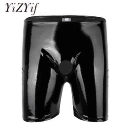 YiZYiF Mens Shiny Sexy Boxer shorts Underwear Patent Leather Open Penis Hole Long Leg Boxer Short Panties penis Rubber pants H1214