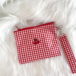 Pencil Bags Red Grid Cherry Embroidery Pouch Girl Cosmetic Storage Bag Japanese Portable Cute Coin Purse School Supplies Stationery