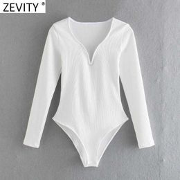 Zevity Women Sexy Deep V Neck Knittied Slim Bodysuits Female Long Sleeve Black White Color Chic Playsuits Siamese Romper LS9297 210603