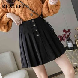 Autumn Winter Elegant Solid Woollen Pleated Women Skirt Buttons High Waist A-Line Sexy Mini Skater Skirts Lady 210428