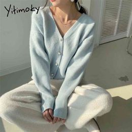 Yitimoky Cardigan Women Sweater Fall Korean Fashion Blue V-Neck Knitted Lady Clothes Solid Casual Pink Warm Loose Coat 210917