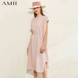 Minimalism Spring Summer Fashion Desigh Stripe Women Dress Causal High Waist Belt Calf-length Female 12030100 210527