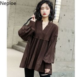 Neploe Blouse Women Fall Clothes Blusas Mujer De Moda Loose Lantern Sleeve Patchwork Knit Shirt V-neck Pleated Tops 210422