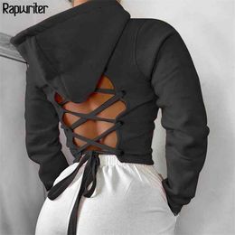 Cross Bandage Tie Up Backless Black Hoodie Sweatshirt Women Autumn Long Sleeve Harajuku Pink Hoodies Pullover Crop Tops 210803