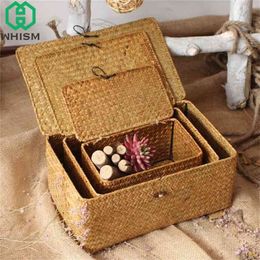 WHISM Handmade Woven Storage Box with Lid Rattan Basket Jewelry Food Container Makeup Organizer Toys es 210922