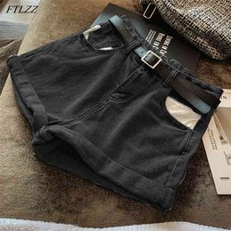 Summer Women Vintage Wide Leg High Waist Blue Denim Shorts Casual Female Loose Solid Colour Black Jeans 210430