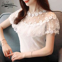 Sexy hollow lace women blouse shirt fashion short sleeve summer tops floral 's clothing blusas 0051 30 210427