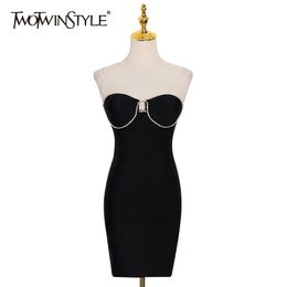 TWOTWINSTYLE Sexy Party Backless Sling Dress For Women Square Collar Sleeveless High Waist Patchwork Diamond Dresses Female 210517