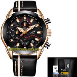 LIGE eternity LG9869 Sport Mens Watches Date Blacks Dial Japan VK Quartz Chronograph Movement Luminous Men Watch Black Bezel Rose Gold Steel Case Leather strap