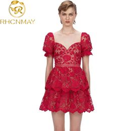 Spring Puff Sleeve High Waist Slim Backless Dress Women Self Portrait Red White Colour Lace Mini Female Sexy 210506