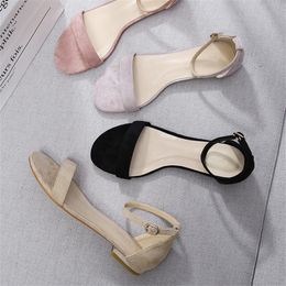 Summer Sandals Woman Square High Heels Faux Suede Ankle-Wrap Peep Toe Elegant Solid Concise Office Lady Female Slippers 210520