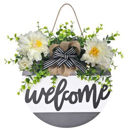 Garden Welcome Sign Wood Flower Wreath Spring Wedding Hanging Front Door Sign Welcome Wall Sign Home pendant Decoration Wreaths Q0812