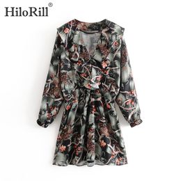 Boho Floral Print Mini Dress Women Batwing Long Sleeve A Line es V Neck Ruffle Trim Female Vestido Mujer 210508