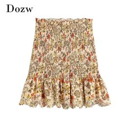 Sexy Bodycon Floral Print Beach Skirt Elastic High Waist Boho Mini Women Embroidery Pleated s Summer Jupe 210515