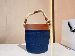 Retro Blue denim bag with White Letter spelling Brown Splicing leather 2 styles Half moon handbags Bucket Bags Braided hemp rope handle