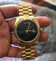 -Luxus Herrenuhren 36mm Mechanical Automatisches Schwarzes Zifferblatt Saphirspiegel Gelbgold Edelstahl Armband Wasserdichte Uhr