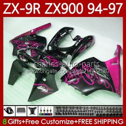 OEM Bodywork For KAWASAKI NINJA ZX-9R ZX 9R 9 R 900 CC ZX-900 1994-1997 Bodys Rose Flames 100No.161 ZX9 R ZX900 ZX900C 1994 1995 1996 1997 900CC ZX9R 94 95 96 97 Fairing Kit