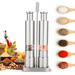 Manual Salt and Pepper Grinder Set Thumb Push Mill Stainless Steel Spice Sauce Grinders With Metal Holder Kitchen Tool 210712