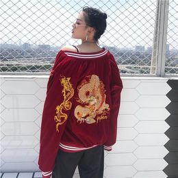 Women's Jackets Autumn Street Trend Jacket Embroidery Baseball Clothing Zipper Flower Wine Red O-Neck Women Service Coat