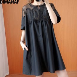 DIMANAF Plus Size Summer Blouse Shirt Women Clothing Lace Floral Spliced Elegant Sexy Lady Tops Tunic Loose Shirt Dress Big Size 210317