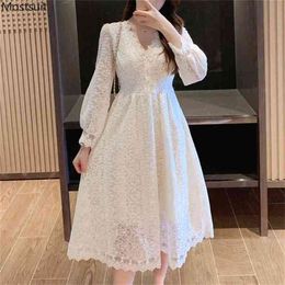 Spring Autumn Women Long Lace Dress Korean Vintage Elegant Full Sleeve V-neck Tunic Party Dresses Robe Femme 210513