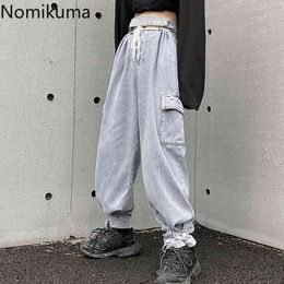 Nomikuma Washed Pockets Jeans Cargo Pants Korean Lace Up High Waist Hollow-out Women Trousers New Demin Harem Pants 6C382 210427