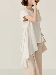 VANOVICH Korean Women Irregular Hem T-shirt Summer Loose Big Size O Neck Ruffles White Tshirt 210615