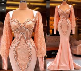 2021 Plus Size Arabic Aso Ebi Luxurious Mermaid Sexy Prom Dresses Lace Beaded Long Sleeves Evening Formal Party Second Reception Gowns Dress ZJ934