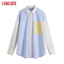 Tangada Women Patchwork Pockets Striped Boyfriend Style Shirt Fashion Female Shirts Blusas Chic Tops BE627 210609