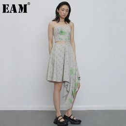[EAM] Women Apricot Pattern Printed Irregular Spaghetti Strap Dress Sleeveless Loose Fit Fashion Spring Summer 1U567 21512