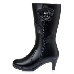 Black rose flower leather mid-tube boots plus velvet womens boots thickened womens leather boots Valentines Day present