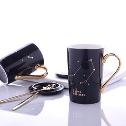 Mugs Bone China Twelve Constellation Ceramic Mug Real Gold Water Cup With Lid Spoon Business Gift Coffee Customization