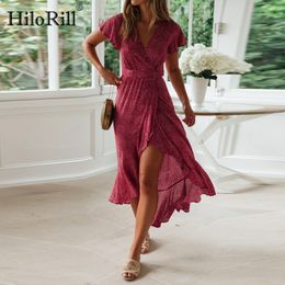 Boho Floral Print Beach Dress Women Summer Long es Sexy High Slit V-Neck Wrap Bodycon Party Maxi Ruffle Robe 210508