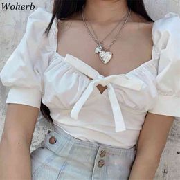 Elegant Crop Top Women Puff Sleeve White Shirts Korean Fashion Blusas Mujer Square Collar Sexy Lady Summer Blouses 4i646 210519